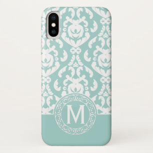 Het blauwe Witte Monogram van het Damast iPhone X Hoesje