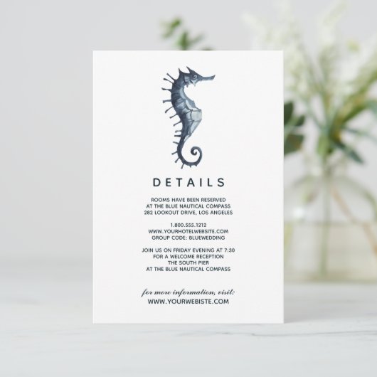 Het blauwe zeepaard | Details van de bruiloft Kaart (Staand voorkant)