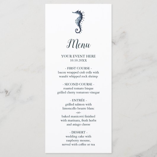 Het blauwe zeepaard | Nautical Wedding Menu (Voorkant)
