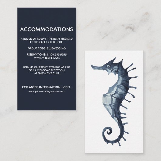 Het blauwe zeepaardje | Bruiloft hotelaccommodatie Informatiekaartje (Voorkant / Achterkant)