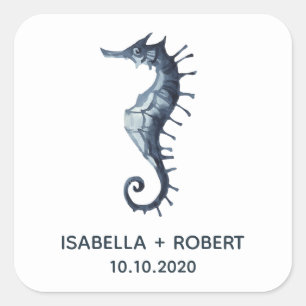 Het blauwe zeepaardje   Bruiloft Monogram Vierkante Sticker