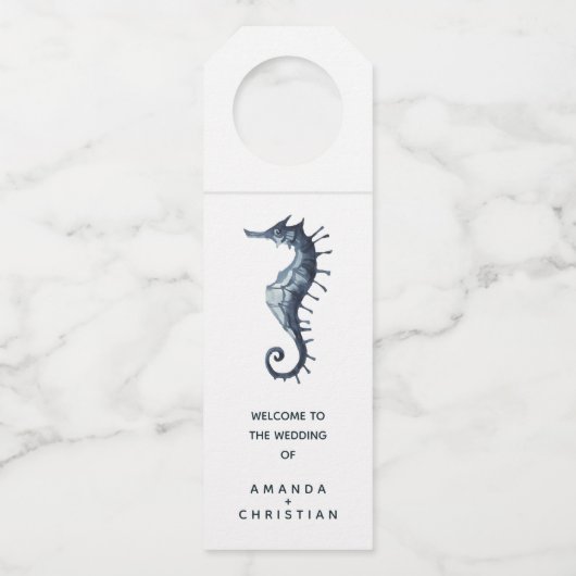 Het blauwe zeepaardje | BRUILOFT WELKOM GAST Flessenhanger (Voorkant)