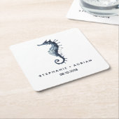 Het blauwe zeepaardje | Gepersonaliseerd bruiloft Kartonnen Onderzetters (Schuin)