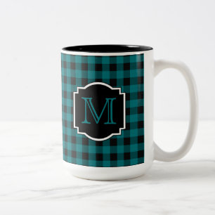 Het blauwgroen en Zwarte Monogram van de Plaid Tweekleurige Koffiemok