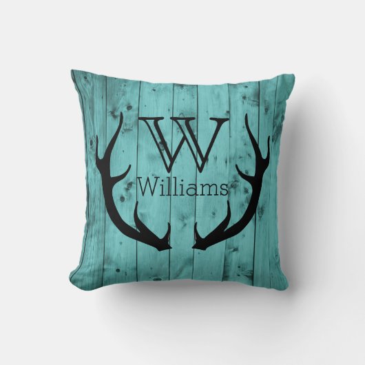 Het Blauwgroen Houten Zwarte Monogram van de Kussen (Voorkant)
