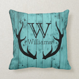 Het Blauwgroen Houten Zwarte Monogram van de Kussen