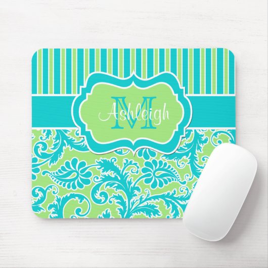 Het blauwgroene Witte Gestreepte Monogram Mousepad Muismat (Met muis)