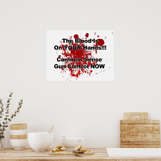 Het bloed staat op je handen. Pistool nu! Poster (Keuken)