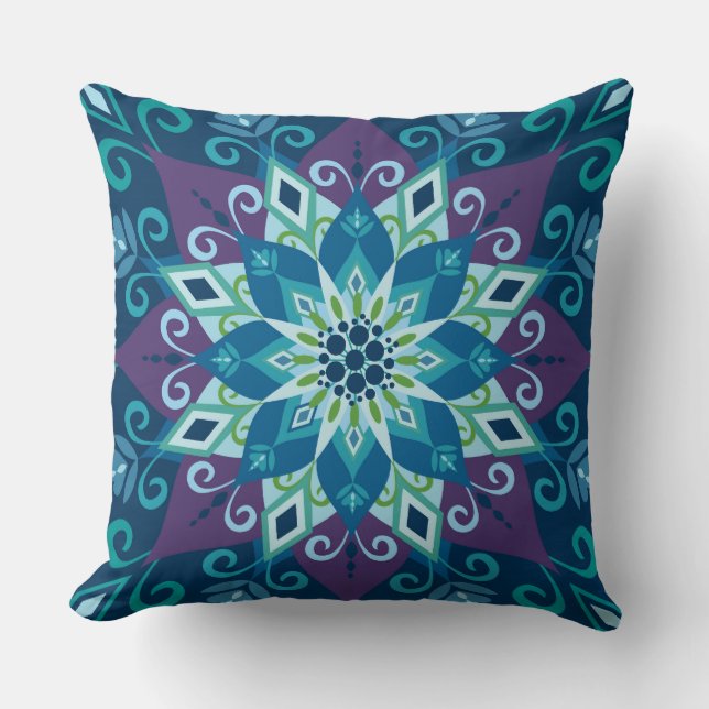 Het bloeien Mandala-Blauw-Grote Schaal-Sierkussen Kussen (Voorkant)