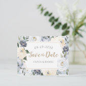 Het bloeien van botanische stoffige blauwe bloem s aankondigingskaart (Staand voorkant)