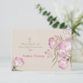 Het blozen dankt de Roze BloemenHeilige Communie u Bedankkaart (Staand voorkant)