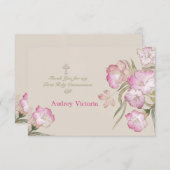 Het blozen dankt de Roze BloemenHeilige Communie u Bedankkaart (Voorkant / Achterkant)