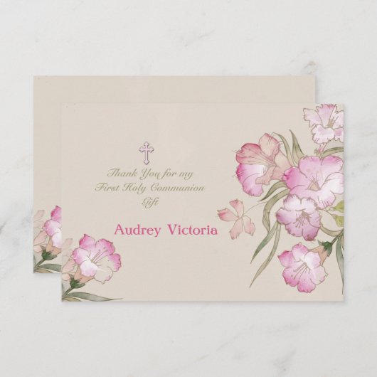 Het blozen dankt de Roze BloemenHeilige Communie u Bedankkaart (Voorkant / Achterkant)