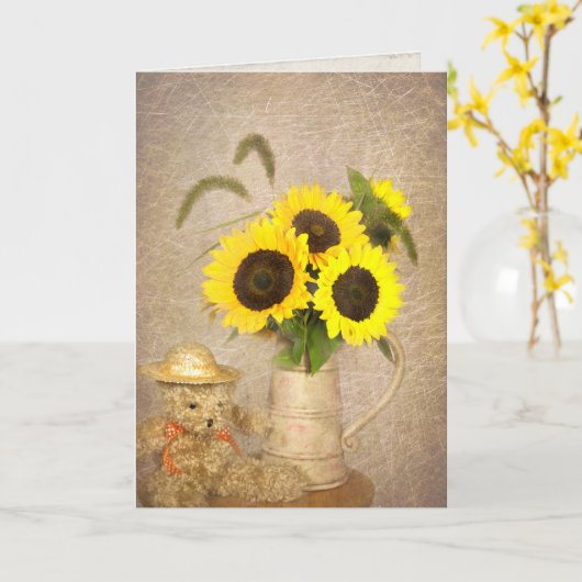 Het boeket en de teddybeer het denken van de kaart (Gele Bloem)