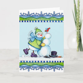 Het bouwen van een Snowman - Wenskaart Feestdagen Kaart