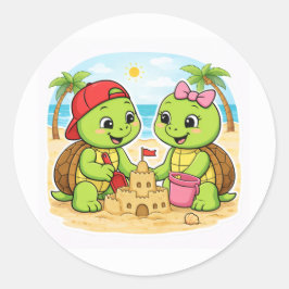 Het bouwen van een zandkasteel aan zee ronde sticker