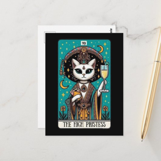 Het Briefkaart van de Hogepriesteres Cat Tarot (Voorkant / Achterkant in situ)