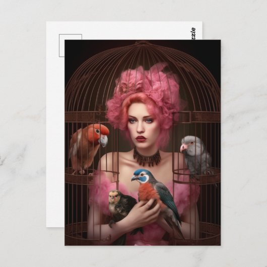 Het Briefkaart van roze gehaaide dame en vogels (Voorkant / Achterkant)