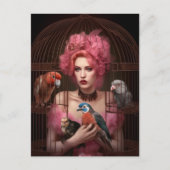 Het Briefkaart van roze gehaaide dame en vogels (Voorkant)