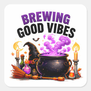 Het brouwen van goede vibraties Funny Heks Ketel M Vierkante Sticker