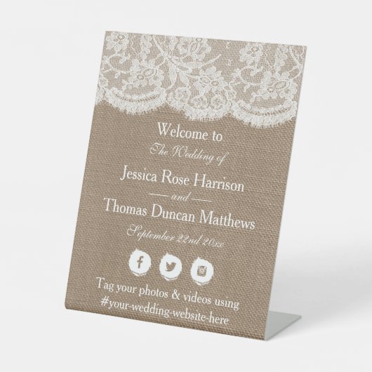 Het Burlap & Lace bruiloft Collectie Welkom Reclamebord Met Voetstuk (Voorkant)