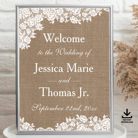 Het Burlap & Lace Wedding Collectie Welkomstbord Poster