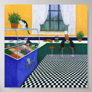 Het Cat Café. Kleurrijke vierkante kat kunst Poster