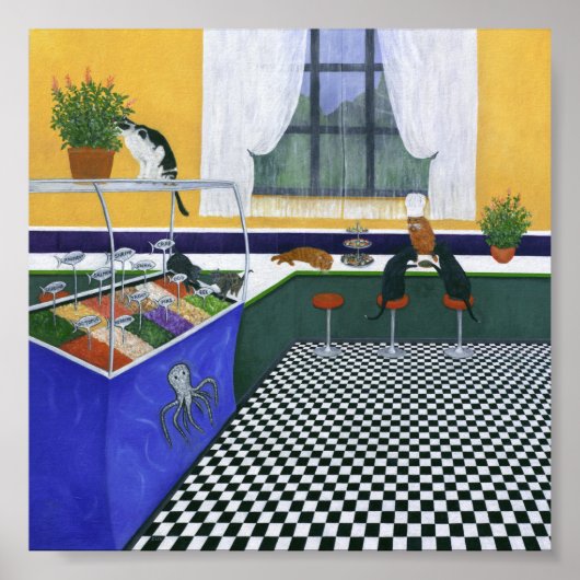 Het Cat Café. Kleurrijke vierkante kat kunst Poster (Voorkant)