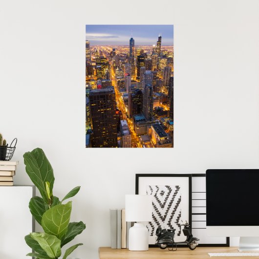 Het centrum van Chicago skyline bij schemering Poster (Thuiskantoor)