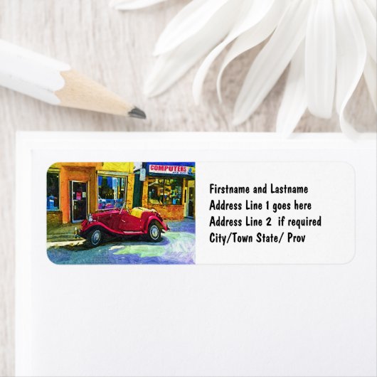 Het centrum van Oldie! Antiek rode klassieke auto Etiket (Insitu)