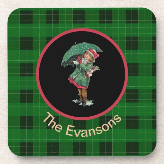 Het charmante  meisje met Umbrella op groen Bier Onderzetter (Voorkant)