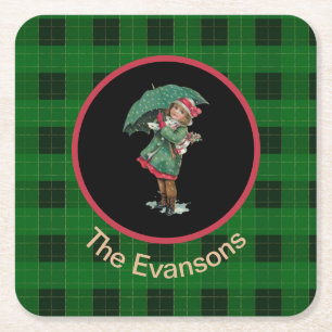 Het charmante meisje met Umbrella op groen Kartonnen Onderzetters