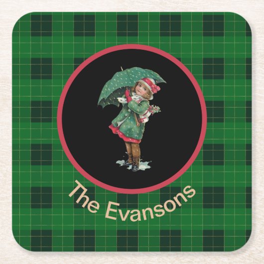 Het charmante meisje met Umbrella op groen Kartonnen Onderzetters (Voorkant)