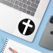 Het Christelijk Kruis (wit op zwart) Sticker (Laptop met iPhone)