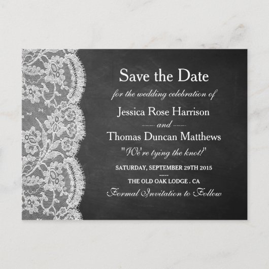 Het Collectie Chalkboard en Lace Wedding Aankondigingskaart (Voorkant)