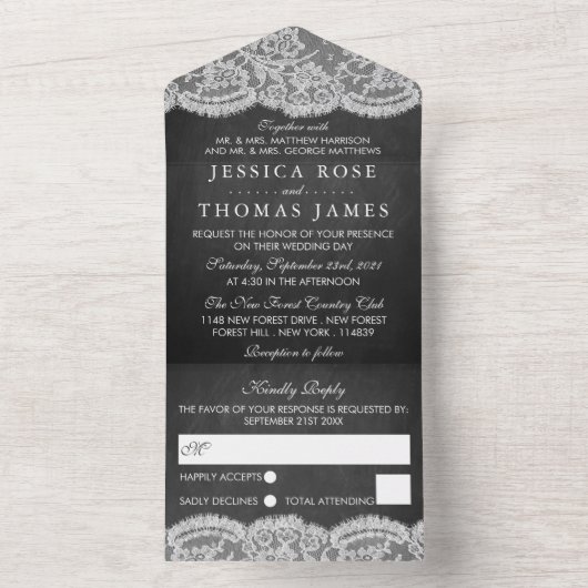 Het Collectie Chalkboard en Lace Wedding All In One Uitnodiging (Binnen)