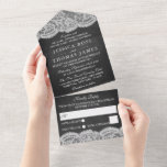 Het Collectie Chalkboard en Lace Wedding All In One Uitnodiging<br><div class="desc">Vier in stijl met deze elegante en zeer trendy all in one bruiloft uitnodigingen met gemakkelijke tear off RSVP. Dit ontwerp is gemakkelijk te personaliseren met uw speciale evenementenformulering en uw gasten zullen blij zijn wanneer ze deze fantastische uitnodigingen ontvangen. Overeenkomende bruidsartikelen zijn te vinden in het collectie.</div>