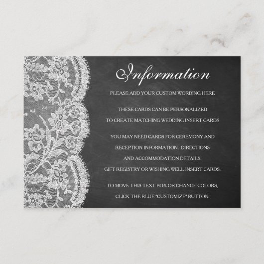 Het Collectie Chalkboard en Lace Wedding Informatiekaartje (Voorkant)