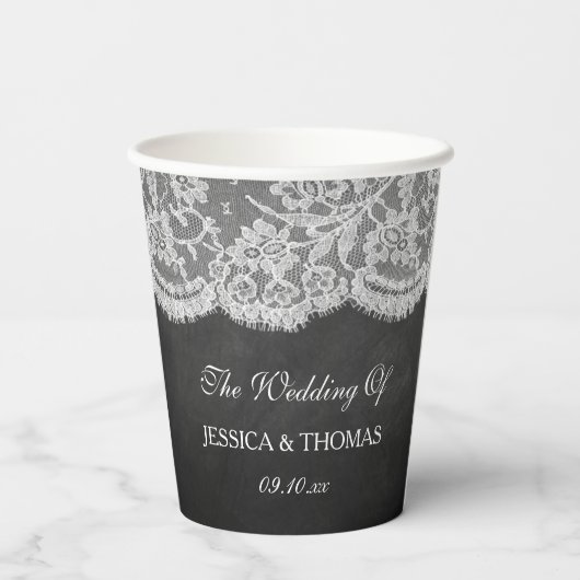 Het Collectie Chalkboard en Lace Wedding Papieren Bekers (Achterkant)