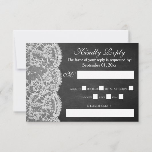 Het Collectie Chalkboard en Lace Wedding RSVP Kaartje (Voorkant)
