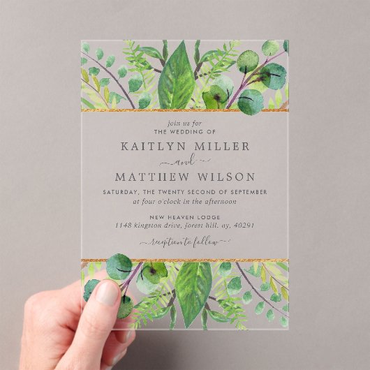 Het Collectie Greenery & Gold Wedding Acryl Uitnodigingen (Insitu (Draagbaar))