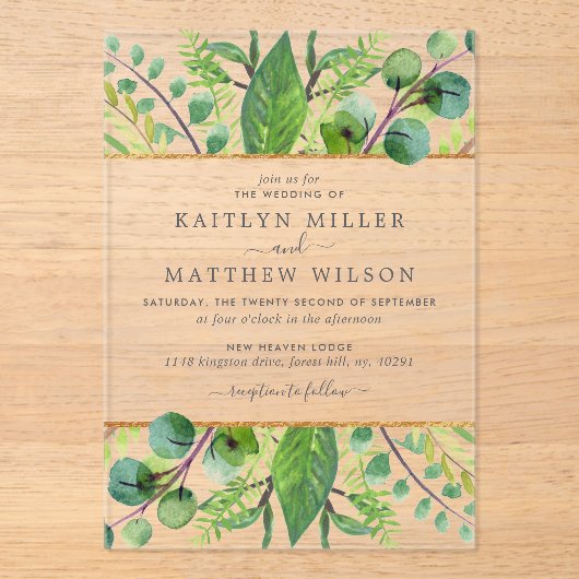 Het Collectie Greenery & Gold Wedding Acryl Uitnodigingen (Voorkant)