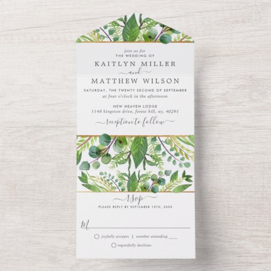 Het Collectie Greenery & Gold Wedding All In One Uitnodiging (Binnen)