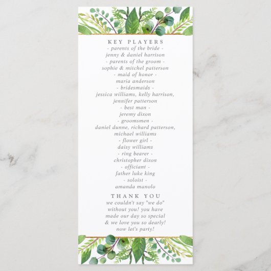 Het Collectie Greenery & Gold Wedding Programmakaart (Achterkant)