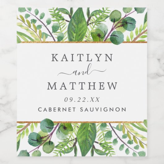 Het Collectie Greenery & Gold Wedding Wijn Etiket (Enkel label)
