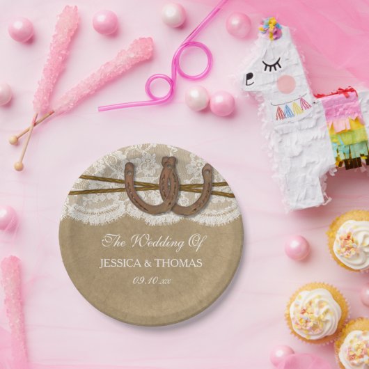 Het Collectie Kraft, Lace en Hoefijzer Wedding Papieren Bordje (Feest)