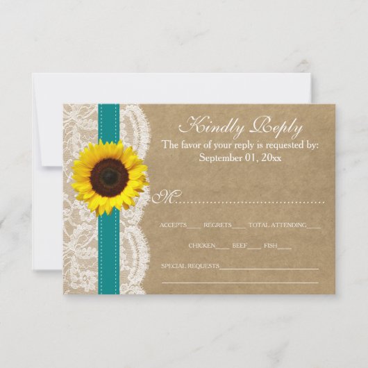 Het Collectie Kraft, Lace & Sunflower - Blauwgroen RSVP Kaartje (Voorkant)