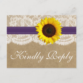 Het Collectie Kraft, Lace & Sunflower - Paars Uitnodiging Briefkaart