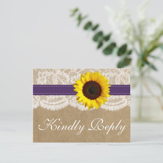 Het Collectie Kraft, Lace & Sunflower - Paars Uitnodiging Briefkaart (Staand voorkant)