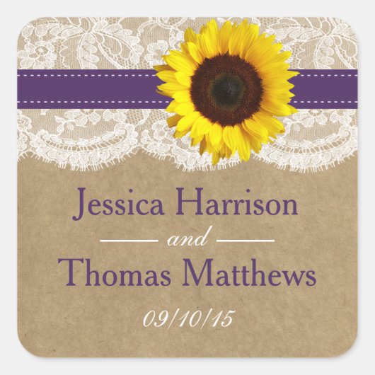 Het Collectie Kraft, Lace & Sunflower - Paars Vierkante Sticker (Voorkant)